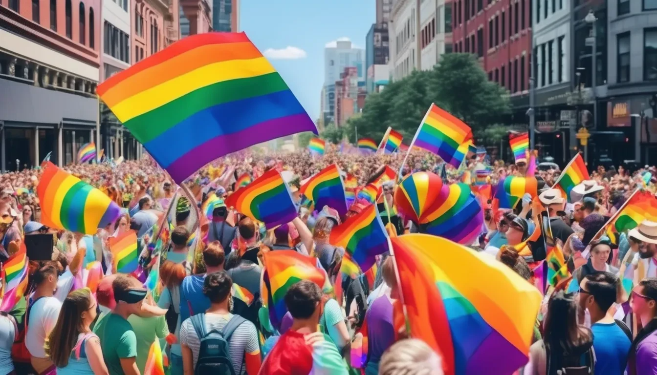 AI generated pride parade of a crowd waving rainbow flags